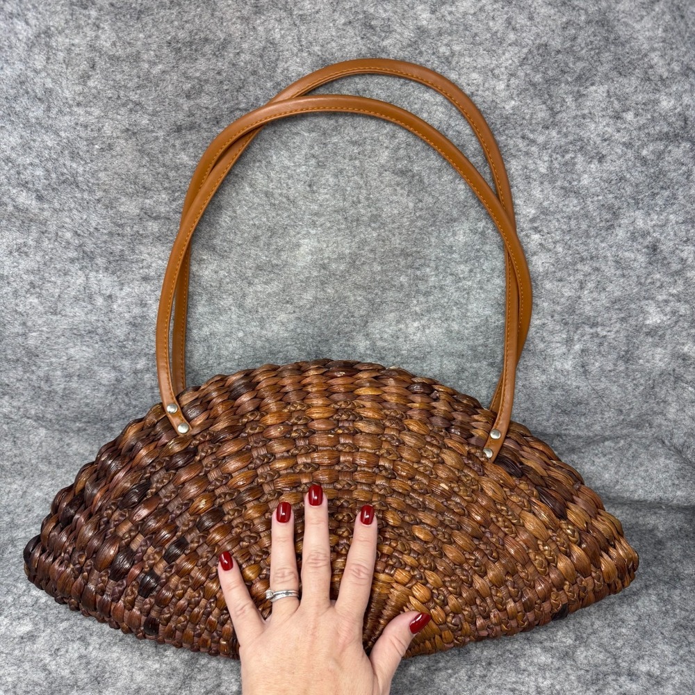 Handmade Crescent Basket Shoulderbag Purse Woven Rattan Wicker Brown Resortwear - Picture 2 of 10